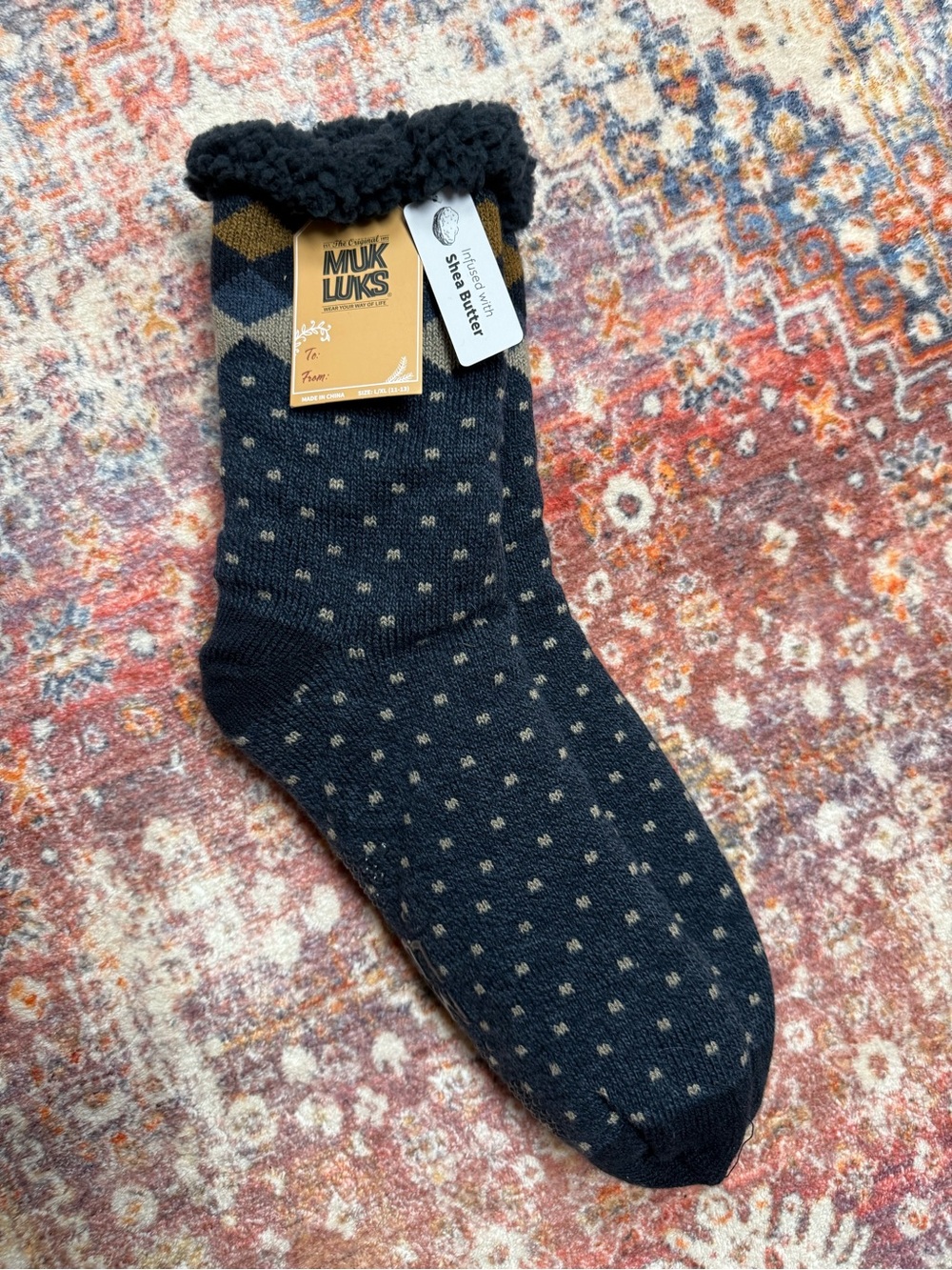 Muk Luks Cabin Socks Slipper Socks Sherpa Lined Navy Polka Dot L/XL NWT